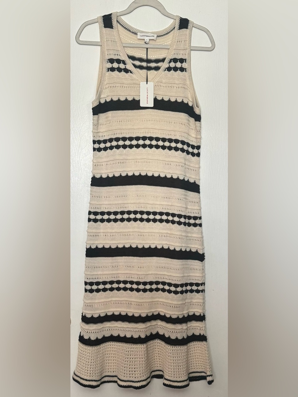 Lucky Brand Cream and Black Striped Crochet Maxi Dress
